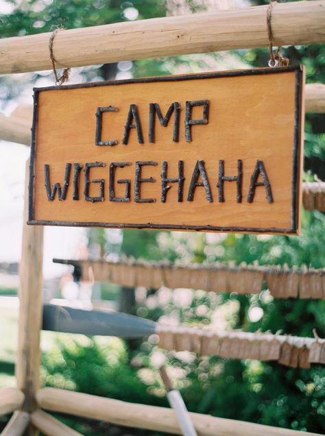 A Summer Camp-Inspired Wedding by Lake Tahoe Camp Signage, Adult Summer Camp, Summer Camp Aesthetic, Camp Party, Summer Camp Themes, Summer Camp Wedding, River Camp, Summer Bash, Camping Theme Party