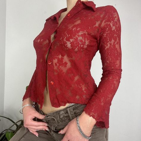 True vintage 90s y2k red lace mesh button up shirt... - Depop Red Lace Top Outfit, Red Button Up Shirt Outfit, Mesh Button Up Shirt, Red Lace Shirt, Lace Undershirt, Mesh Button Up, Red Button Up Shirt, Black Lace Shirt, Red Lace Top