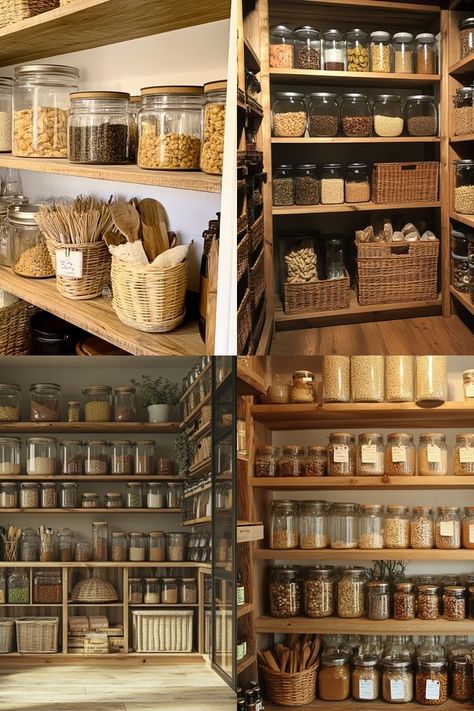 Organize your pantry with zero-waste tips for a stylish, sustainable kitchen! Use glass jars, labels, and wooden storage bins. #ZeroWasteKitchen #PantryOrganization #SustainableHome Glass Pantry Storage, Kitchen Containers Storage Jars, How To Organize A Pantry, Mason Jar Pantry Storage, Canning Pantry Storage, Wooden Storage Bins, Prepper Pantry, Wooden Bins, Preppers Pantry