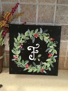 Painted canvas Christmas wreath with initial.... Diy Christmas Canvas, Pinterest Christmas, Diy Christmas Paintings, Christmas Canvas Art, Christmas Paintings On Canvas, Holiday Painting, Easy Canvas Painting, Canvas Painting Diy, Canvas Ideas