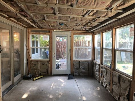 Diy Porch To Sunroom, Flat Roof Sunroom Addition, Diy Sunroom Addition, Diy Sunroom On A Budget, Porch To Sunroom Conversion, Sunroom Roof, Sunroom Diy, Diy Sunroom, Porch To Sunroom