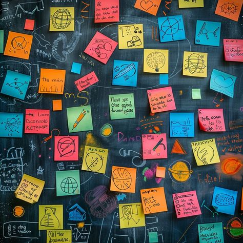 Idea Sticky Board: A colorful canvas of sticky notes filled with sketches, equations, and ideas on a blackboard. #creativity #brainstorming #sticky notes #ideas #collaboration #innovation #sketches #blackboard #aiart #aiphoto #stockcake https://ayr.app/l/ebyR Sticky Notes Board, Sticky Notes Ideas, Creative Brainstorming, Welcoming Party, Review Board, Notes Ideas, Notes Design, Welcome To The Party, Inspiration Boards