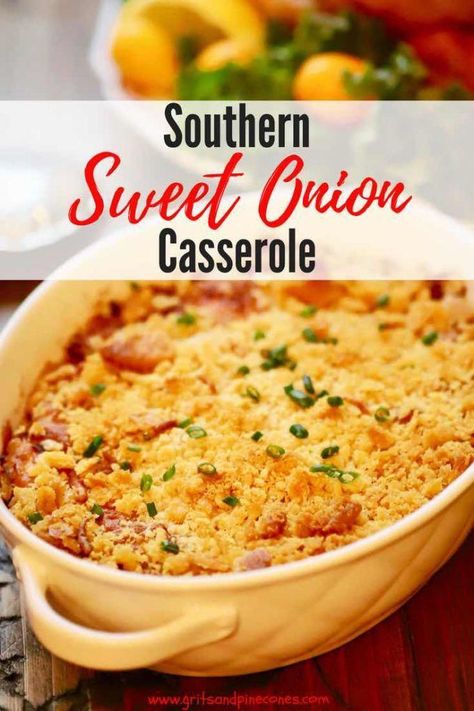 Easy Southern Sweet Onion Casserole is the best Thanksgiving side dish recipe ever, with sweet caramelized onions, (Vidalia are best) buttery Ritz crackers, sour cream, and a baked cheesy crust! #onions, #casserole, #thanksgiving, #comfortfood, #vidaliaonions, #thanksgivingsidedish, #sidedish, #sundaysupper, #dinner, #dinnerrecipes, #easyrecipes,  via @gritspinecones #casserolerecipes Sweet Onion Casserole, Vidalia Onion Recipes, Onion Casserole, Best Thanksgiving Side Dishes, Thanksgiving Side Dish, Thanksgiving Recipes Side Dishes, Thanksgiving Side, Onion Recipes, Thanksgiving Sides