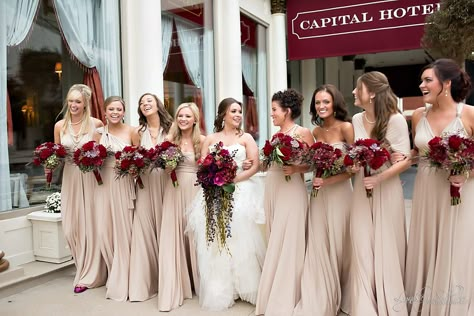 I like the idea of neutral bridesmaids dresses with vibrant burgundy bouquets Nude Bridesmaid Dresses, Women Standing, Burgundy Bouquet, Maroon Wedding, Champagne Bridesmaid, Champagne Bridesmaid Dresses, Quince Ideas, Bridal Musings, Theme Color