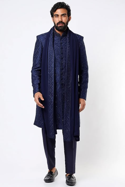 Navy Blue Hand Embroidered Sherwani Set Design by Vanshik at Pernia's Pop Up Shop 2022 Navy Blue Indian Outfits, Navy Blue Kurta For Men, Blue Indian Outfit, Sushi Wedding, Navy Blue Sherwani, Blue Indian Wedding, Shaadi Ideas, Wedding Core, Traditional Indian Saree