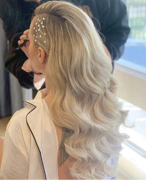 Pearl Wedding Hair Half Up, Wedding Hair With Rhinestones, Modern Wedding Hair Down, Hair For Strapless Wedding Dress, Bride Waves Hair, Hair Down Bridal Hairstyles, Vintage Wedding Hair Down, Slicked Back Wavy Hair, Bridal Hair Off The Shoulder Dress