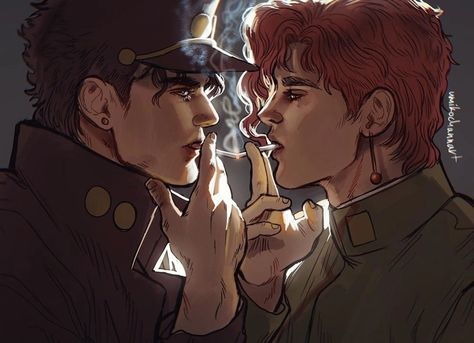 Kakyoin Fanart, Jotaro X Kakyoin, Jotaro Kujo, Jojo Bizzare Adventure, Artist Names, Pretty Men, Jojo Bizarre, Jojo's Bizarre Adventure, Beautiful Artwork