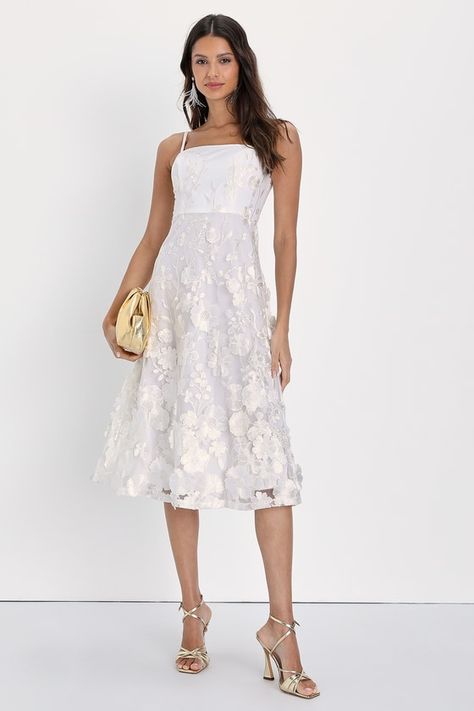 If the invite says ""botanical garden"" make sure you check yes because the Lulus Glamour Garden White 3D Floral Embroidered Midi Dress loves to be among the flowers! Sheer mesh, decorated with three-dimensional floral embroidery, shapes a straight neckline and a fitted bodice, supported by adjustable spaghetti straps. High waist tops a flaring midi skirt. Hidden back zipper/clasp. Fit: This garment runs small - please size up. Length: Knee to mid-calf length. Size medium measures 39.5" from top Rehersal Dress Wedding, Reception Dress Midi, Floral Bridal Shower Dress, White Easter Dress, Bridal Fits, Bachelorette Dresses, Rehearsal Outfit, Embroidery Shapes, Rehearsal Dinner Outfits