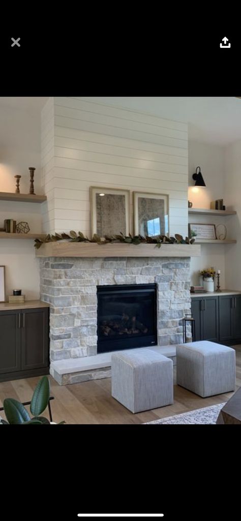 Stone And Millwork Fireplace, Half Wall Stone Fireplace, Stone And Shiplap Wall, Built Out Fireplace Wall Stone, Fireplace With Rock And Shiplap, Fireplace Stone Bottom Shiplap Top, Stone Vs Brick Fireplace, Indoor Wood Fireplace, Stone Fireplace Half Way Up