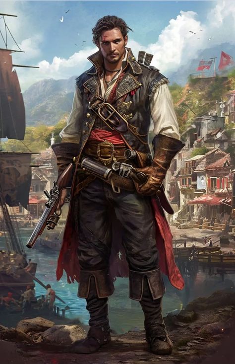 Swashbuckler Aesthetic, Musketeer Character Design, Pirate Man Art, Dnd Swashbuckler, D&d Pirate, Pirate Captain Character Design, Pirates Concept Art, Pirate Dnd Character, Fantasy Pirate Art