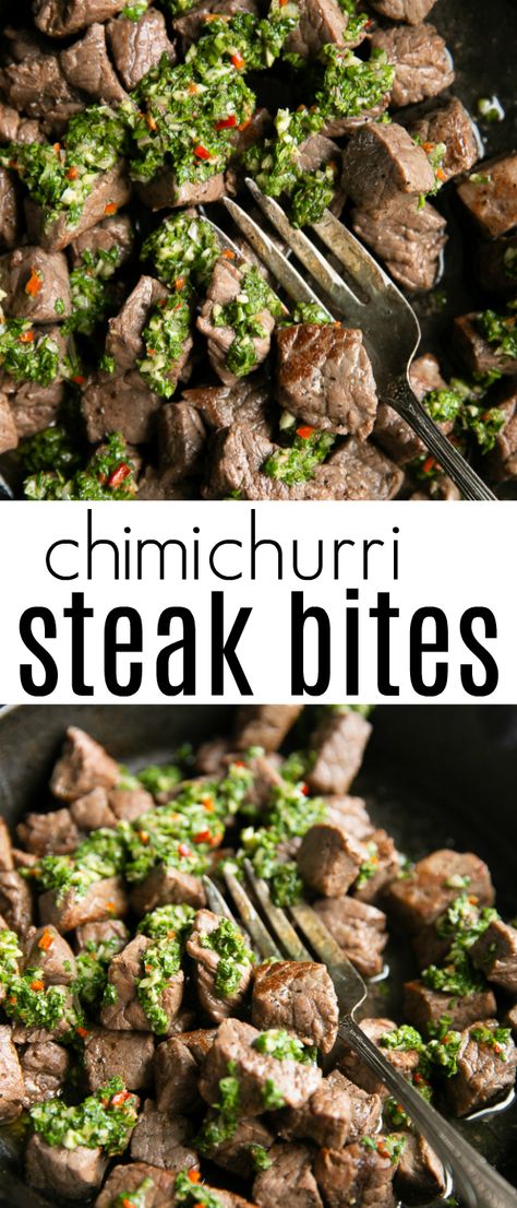 15-Minute Chimichurri Steak Bites #steakbites #chimichurri #steak #beef #glutenfree #dairyfree #paleo #lowcarb | For this recipe and more visit, https://theforkedspoon.com/chimichurri-steak-bites/ via @theforkedspoon Chicken Sloppy Joes, Homemade Mozzarella Sticks, Chimichurri Steak, Pumpkin Spice Donut, Keto Pancakes, Summer Recipe, Steak Bites, Flank Steak, Honey Garlic