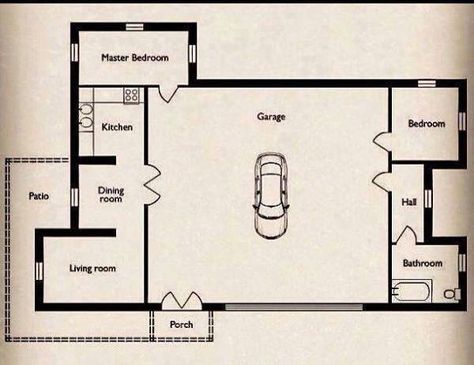 Make large, open space to get around minimum sq ft building laws. Use space as an art studio. ...not sure this is realistic. I think the large space still has to be heated, air conditioned, insulated... just a thought. Gives me an idea of an atrium. Must be for more than one person. A family or housemates. Car Guy House, Small House Big Garage, Man Cave Plans, Shed Floor Plans, Big Garage, Shed Floor, Garage Bedroom, Bathroom Floor Plans, Tiny House Trailer