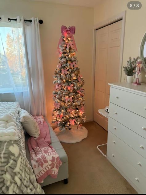 Christmas Room Decor Pink And White, Christmas Tree In Room Aesthetic, Girly Christmas Bedroom Decor, Christmas Room Decor Ideas Aesthetic, Girls Bedroom Christmas Tree, Bedroom Christmas Decor Pink, Mini Christmas Tree Ideas Bedroom, Girls Room Christmas Tree, Christmas Tree Room Ideas