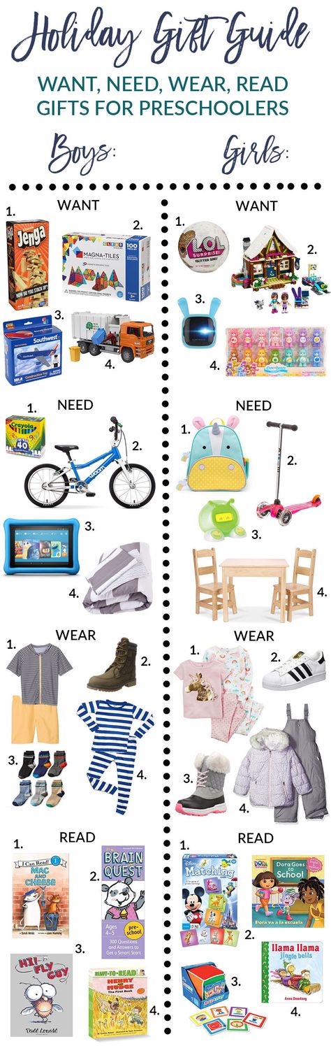 As I am compiling my list and trying to figure out what to get my kids for the holidays, I just wanted to share my lists with you all – in case you are still looking for kids gift ideas. The way that we like to do gifts is by Want, Need, Wear, Read! So … Holiday Essentials For Kids, Want Need Wear Read Ideas Gift Guide, Christmas Gift Guide For Kids, Want Need Wear Read Ideas Kid, 2024 Gift Guide Kids, What Do I Want For Christmas, Toddler Girl Gift Guide, Christamas List For Boys Toys, Girls Gift Guide