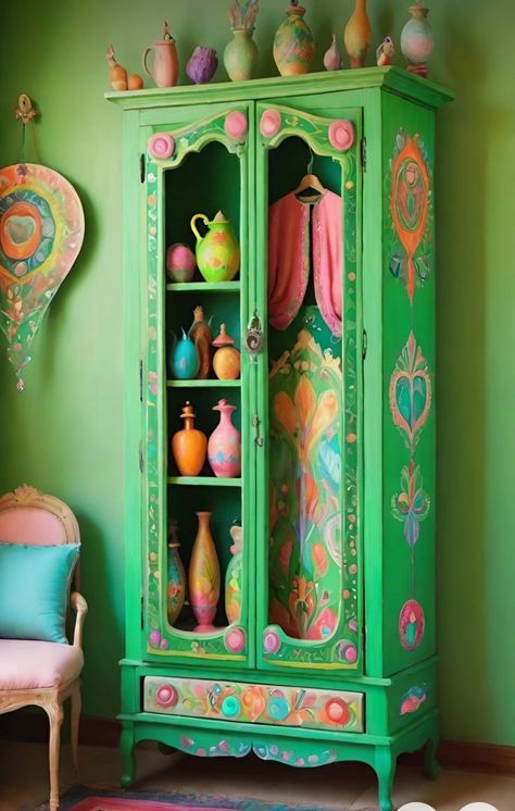 Colourful Cupboards, Funky Painted Furniture Bohemian, Funky Home Decor Ideas, Floating Nightstand Ideas, Modern Floating Nightstand, Boho Style Living, Nightstand Ideas, Painted China Cabinets, Funky Living Rooms