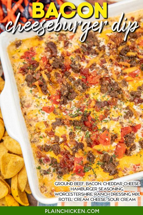 Bacon Cheeseburger Dip Recipe - this dip is the ultimate crowd-pleaser. Loaded with ground beef, crispy bacon bits, cheddar cheese, Rotel, cream cheese, sour cream, and a medley of seasonings, it's a taste sensation that'll have your guests coming back for more. Perfect for game day, parties, or any get-together. This is the kind of dip that disappears in no time! Bacon Cheeseburger Rotel Dip, Burger Dip Recipes, Dip Recipes With Ground Beef, Ground Beef Tailgate Recipes, Recipes With No Cheese, Appetizer Recipes With Bacon, Hamburger Cream Cheese Recipes, Recipes With Bacon Bits, Dips With Ground Beef