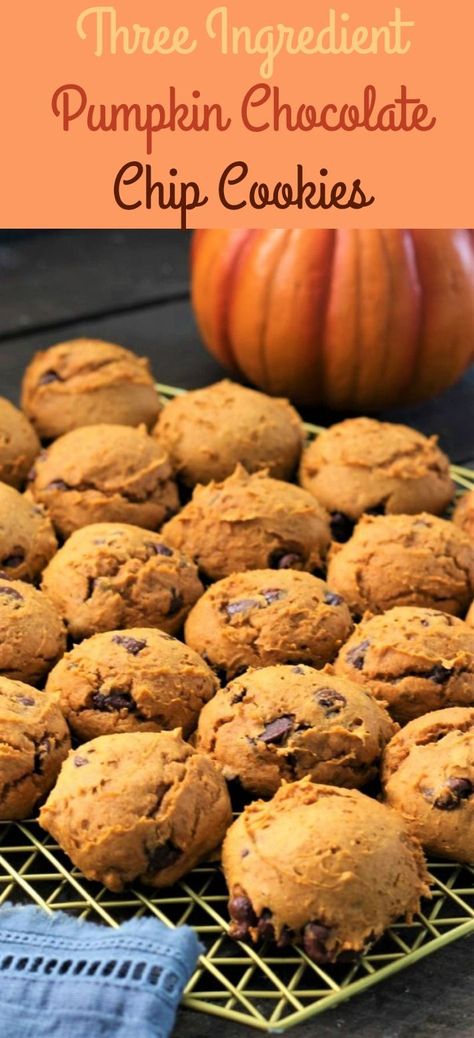 Three ingredient pumpkin chip cookies are fantastic. Are you in a hurry and in need of a snack or treat? Look no further.  I love these Three Ingredient Pumpkin Chocolate Chip Cookies! Can you believe that there are only 3 ingredients? Yes that is right. All you need is a Spice Cake Mix, canned Pumpkin, and chocolate chips.  These cookies are that simple and a perfect recipe for someone who is just starting out. It is also the perfect recipe for when it is last minute and you need a fast recipe! Pumpkin Chip Cookies, Pumpkin Chocolate Chip Cookies Easy, Pumpkin Cake Mix Cookies, Pumpkin And Chocolate, Pumpkin Cake Mix, Canned Pumpkin Recipes, Pumpkin Chip, 3 Ingredient Cookies, Pumpkin Pie Mix