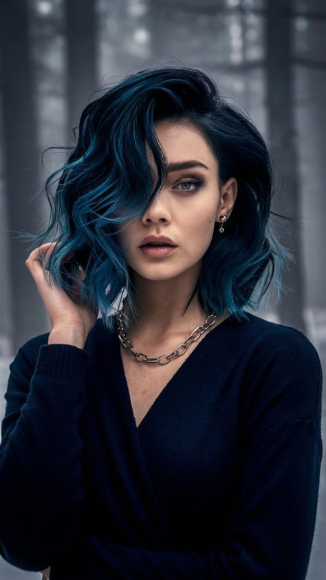 Black Blueish Hair, Subtle Colorful Hair, Winter Blue Hair, Smokey Hair Color, Black Hair Balayage Highlights, Dark Hair With Blue, Gray Blue Hair, Silver And Blue Hair, Smokey Blue Hair