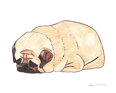 Funny Animal Art, Pug Art Print, Pug Illustration, Sleeping Drawing, Dog Lovers Art, Dog Art Print, Pug Art, Pug Gifts, Dog Sketch