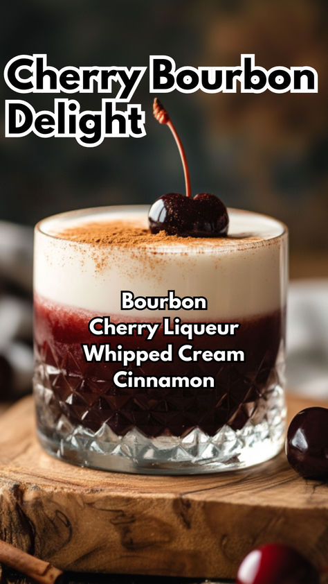 Cherry Bourbon Delight Hungarian Cocktails, Cherry Pie Cocktail, Bourbon Dinner Party, Whiskey Christmas Drinks, Halloween Bourbon Cocktails, Cherry Bourbon Cocktail, Fall Bourbon Drinks, Bourbon Cream Cocktail, Black Cherry Cocktail