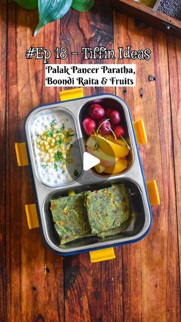 Neelam Agarwal | Vegetarian Food & Recipes on Instagram: "Ep 18 - Tiffin Ideas - Palak Paneer Paratha with boondi raita and fruits 😊

Ingredients -
For palak puree -
🔹Palak - 1 cups (blanched)
🔹Ginger - 1 inch 
🔹Green chilli - 1
🔹Cumin - 1 tsp
🔹Hing - 1/8th tsp
Blitz everything and make a paste.

For Paneer filling -
🔹Paneer - 1 cup (grated)
🔹Bell peppers - 1/2 cup combined 
🔹Onion - 1 small
🔹Coriander leaves - 1 tsbp 
🔹Lemon juice - half a lemon
🔹Spices - Salt, garam masala and red chilli powder 
Mix everything and keep the filling aside.

For dough -
🔹Whole wheat flour - 2 cups
🔹Spinach Puree 
🔹Salt as per taste
🔹Ghee - 2 tsp
Combine everything and make a soft dough and cover it for 15 mins.

Instructions - Now roll the Parathas as shown in the video and serve it with rai Boondi Raita, Tiffin Ideas, Spinach Puree, Vegetarian Food Recipes, Paneer Paratha, Red Chilli Powder, Paneer Recipes, Coriander Leaves, Green Chilli