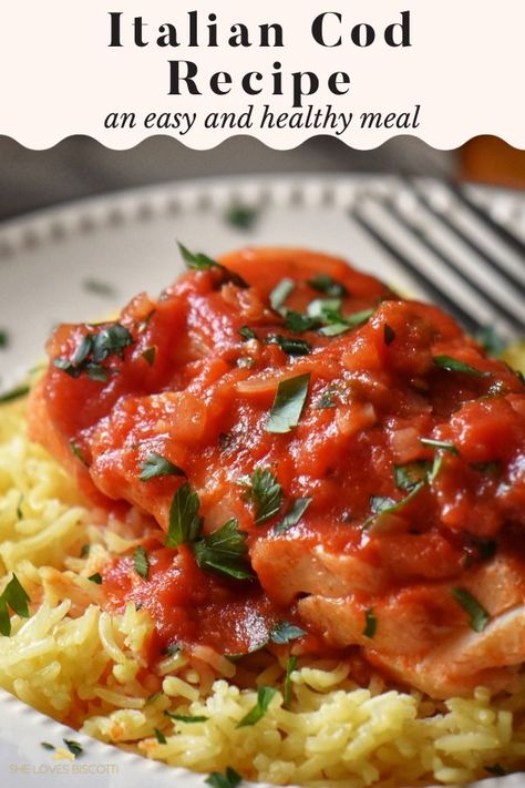 Italian cod fish on a bed of rice. White Fish In Tomato Sauce, Cod Fish Recipes With Cherry Tomatoes, Fish With Marinara Sauce, White Fish With Tomatoes, Cod With Marinara Sauce, Cod In Red Sauce, Cod With Tomato Sauce, Cod In Tomato Sauce Recipe, Fish Tomato Recipe