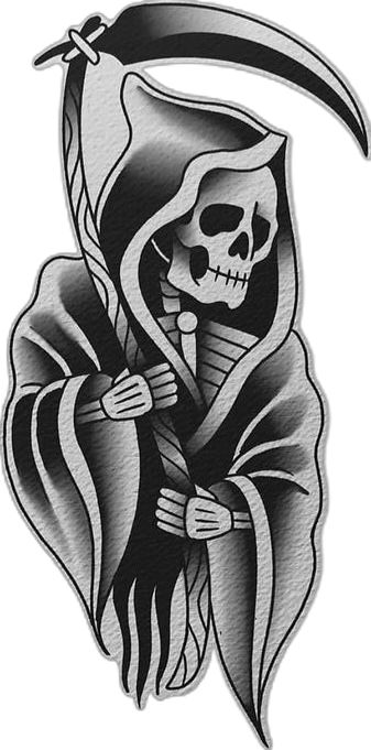 Grim Reaper Trad Tattoo, Neotraditional Grim Reaper Tattoo, Leg Patch Work Tattoo Men, Traditional Grim Reaper Tattoo Flash, Trad Black Tattoo, Black And Grey Flash Tattoo, Tattoo Stencil Outline With Shading, American Traditional Blackwork Tattoos, Old School Tattoo Stencils