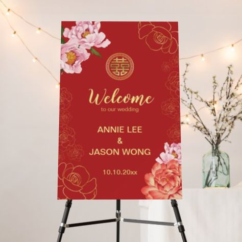 $57.25 | Elegant Peony Red Chinese Wedding Welcome Sign #chinese wedding, welcome sign, wedding welcome, wedding backdroop, wedding background, red and gold, flower, peony, double happiness, double xi Red Chinese Wedding, Hawaiian Wedding Themes, Tea Ceremony Wedding, Chinese Wedding Tea Ceremony, Modern Chinese Wedding, Chinese Wedding Decor, Flower Peony, Welcome Sign Wedding, Vietnamese Wedding