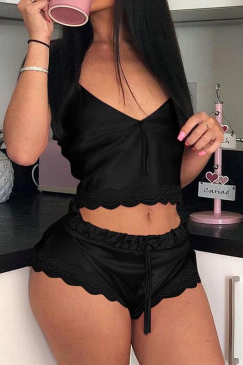 Katie Elsa Black Set | Shorts Sets | Blush Mark Pijamas Women, Camisole Set, Hot Lingerie, Lace Trim Top, Todays Outfit, Loungewear Set, Black Lingerie, Pj Sets, Sleepwear Women