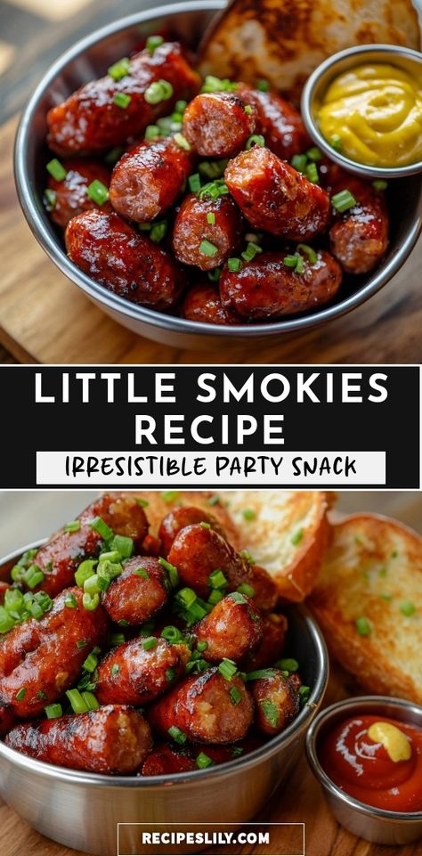 Looking for a crowd-pleasing snack? My Little Smokies Recipe is the perfect choice for any party! Tender sausages coated in a sweet and tangy sauce, these bite-sized treats are sure to be a hit. Serve them with your favorite dips and watch them disappear in minutes! Barbecue Smokies Recipe, Baked Summer Sausage Appetizer, Smokies Recipe Appetizers, Smokey Links Recipes Crock Pot, Party Munchies Snacks, Small Hot Dog Appetizers, Smokie Links Recipes Appetizers, Lil Smokie Appetizer, Baby Sausage Recipes