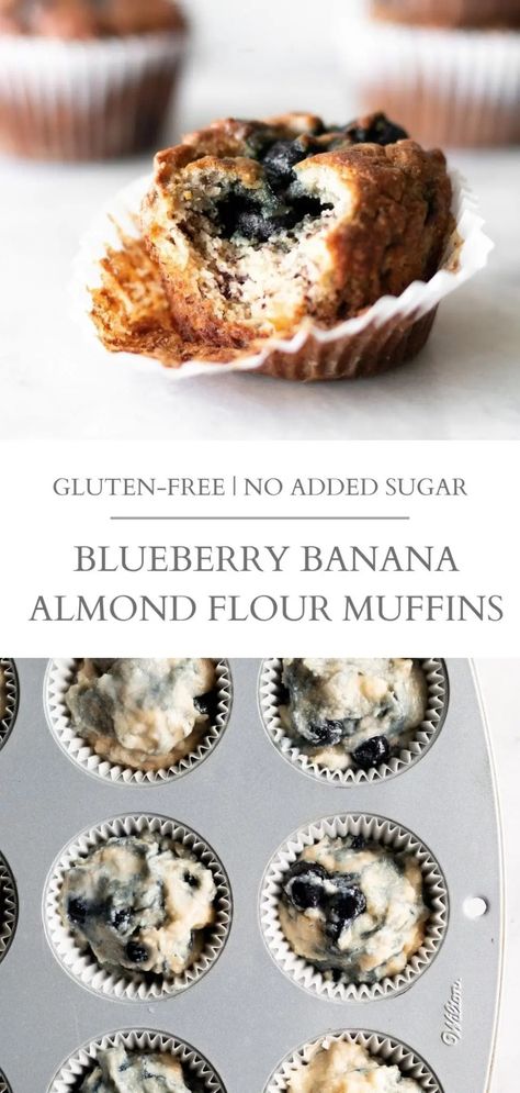 These blueberry banana almond flour muffins are sweetened with fruit and made with almond flour, making them a naturally gluten-free and high-protein. Perfect for a quick snack or breakfast on-the-go! | Nourished by Caroline #muffins #almondflour #highprotein #vegetarian #snack #fruitsweetened #blueberry #banana #healthyrecipes #snackrecipe Paleo Muffins Almond Flour, Banana Almond Flour Muffins, Almond Flour Banana Muffins, Blueberry Protein Muffins, Banana Zucchini Muffins, Vegetarian Snack, Banana Muffins Easy, Almond Flour Muffins, Banana Blueberry Muffins