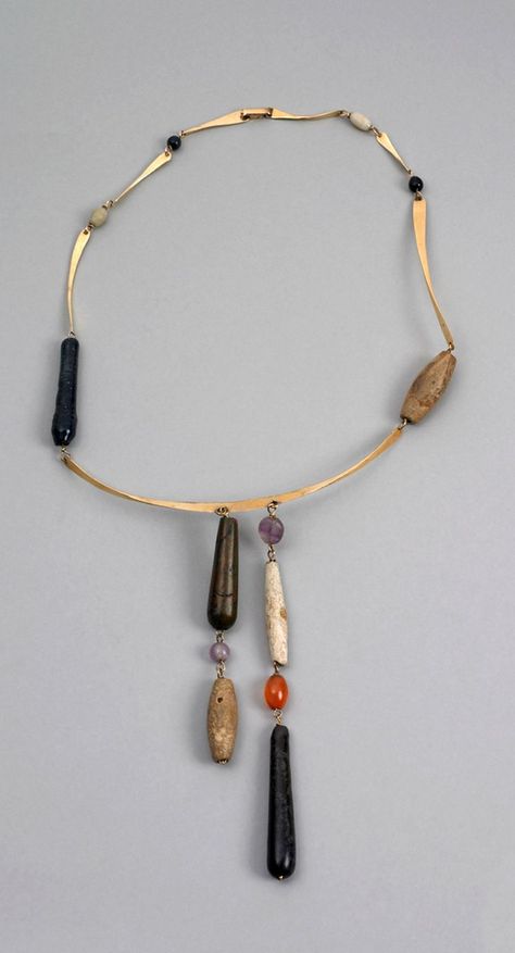 Necklace | Irena Brynner. Gold, faience, stone. ca. 1950 - 1955 Sculptural Furniture, Modernist Jewelry, Ancient Jewelry, A Necklace, Shop Display, Contemporary Jewellery, Jewelry Inspo, Contemporary Jewelry, Modern Jewelry