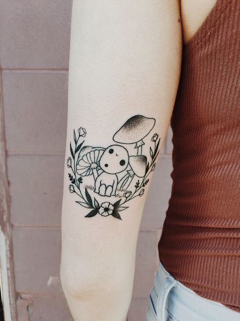 Geek Tattoo Ideas, Kodama Tattoo, Princess Mononoke Tattoo, Ghibli Tattoos, Japanese Tattoos For Men, Studio Ghibli Tattoo, Whimsical Tattoos, Mushroom Tattoo, Spirit Tattoo