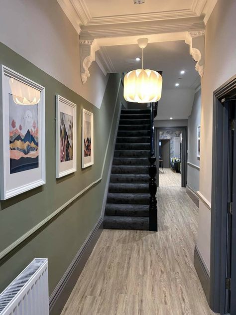 Green Hall Stairs And Landing, Hallway Stairs Decorating, Green Hallway Ideas, Grey Stair Carpet, Edwardian Hallway, Hallway Wall Colors, Green Hallway, Stairs And Hallway Ideas, Grey Hallway