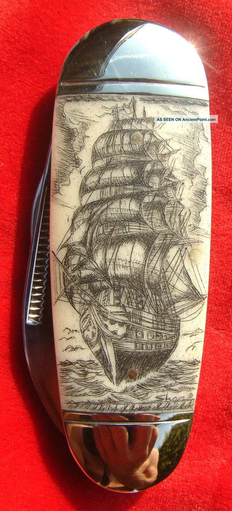 Iceland Tattoo, Stag Jewelry, Tall Ships Art, Scrimshaw Art, Neck Bones, Diy Knife, Powder Horn, Knife Patterns, Tall Ship