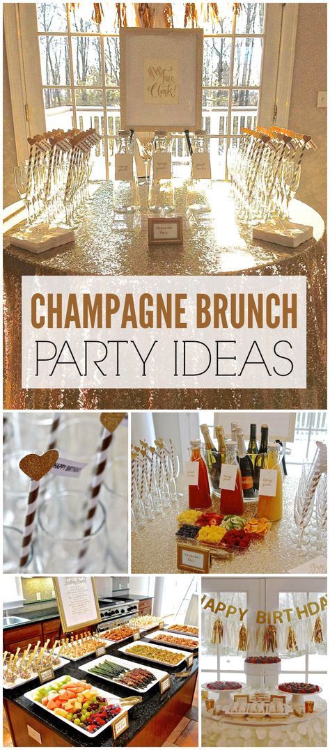 An elegant champagne brunch with a mimosa bar, a brunch buffet and dessert table, and a classical string trio! See more party planning ideas at CatchMyParty.com! Brunch Party Ideas, Champagne Birthday, Champagne Brunch, Breakfast And Brunch, Brunch Buffet, Champagne Party, Mimosa Bar, Birthday Brunch, Bridal Shower Brunch