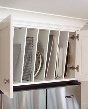 Cookie sheet and baking pan organizer above the fridge! Over The Fridge Storage, Over The Fridge, Kitchens Designs, Cookie Sheets, Fridge Storage, Classic Kitchens, Transitional Kitchen, Kitchen Remodel Idea, Kitchen Cabinet