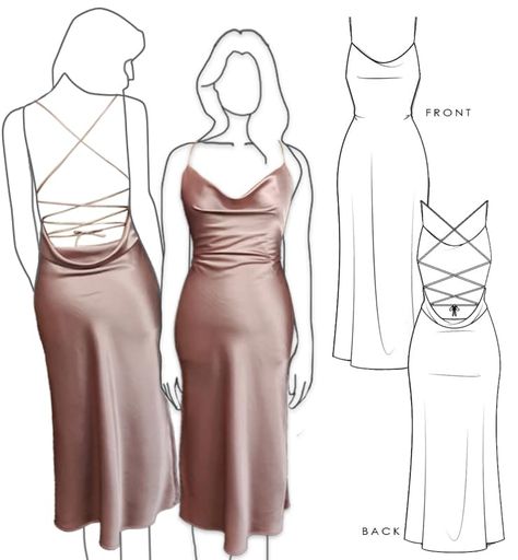 Sew Prom Dress Diy, Dress Patterns Short Formal, East Dress Patterns, Pattern Dress Silk, Sewing Pattern Evening Dress, Maxi Slip Dress Pattern, Sewing Patterns Backless Dress, Satin Dress Back Design, Simple Satin Dress Pattern