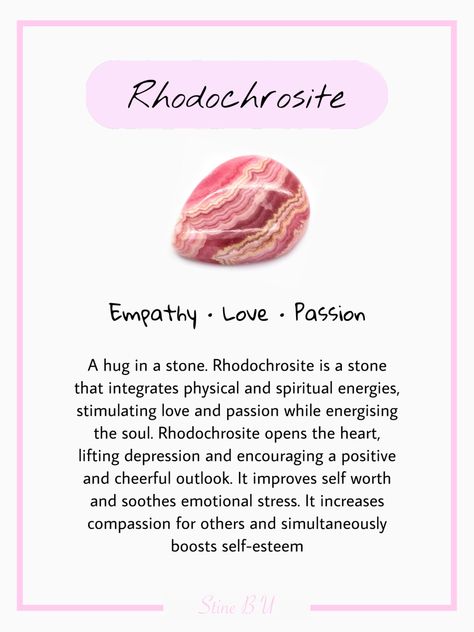 Rhodochrosite Crystal Meaning, Rhodonite Properties, Stones And Meanings, Garden Crystals, Crystal Cards, Crystal Identification, Rhodochrosite Crystal, Best Healing Crystals, Zodiac Crystals