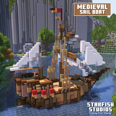 Medieval sail boat to cross the seven seas! Minecraft Medieval Boat Dock, Boat Design Minecraft, Minecraft Sailing Ship, Ship House Minecraft, Minecraft Pirate Ship House, Pirate Boat Minecraft, Minecraft Boats Ships, Minecraft Sea Wall, Minecraft Ocean Castle