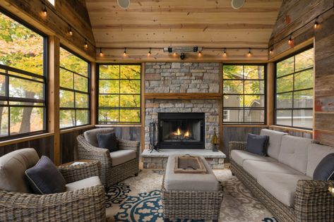 4 Season Patio Ideas, Four Season Porch With Fireplace, Cozy 3 Season Porch, 4 Season Porch With Fireplace, Screened In Porch Addition To Ranch House, Screened In Porch With Double Sided Fireplace, 4 Seasons Porch Addition, Three Season Porch Ideas, Four Season Porch