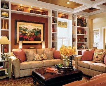 Kinsley Place Family Room traditional-family-room Inbuilt Bookcase, Good Living Room Colors, Furnitur Ruang Keluarga, Southern Living House Plans, Living Room Warm, Living Room Color Schemes, Tray Ceiling, Room Color Schemes, Brown Living Room