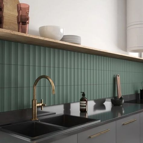 mood verde 2.5x8 matte | Ceramic Decor Green Kitchen Tiles, Tile Splashback Kitchen, Green Tile Backsplash, Dark Green Kitchen, Kitchen Splashback Tiles, Green Backsplash, Tile Splashback, Kitchen Green, Office Designs