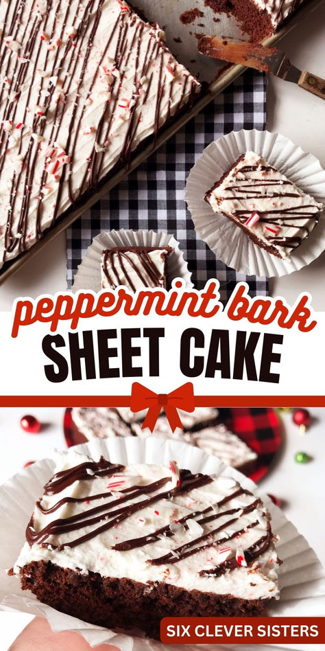 I LOVE peppermint desserts for the holidays! We have another sheet cake recipe for you, perfect for those holiday parties and get togethers. This Peppermint Bark Sheet Cake is full of candy canes, white chocolate and ganache. YUM! Also, great for serving to a crowd! #crowd #cake #dessert #christmas #holiday #recipe #recipeoftheday Peppermint Bark Cake Recipe, Christmas Texas Sheet Cake, White Chocolate Sheet Cake, Sheet Pan Cakes Recipes, Ice Cream Cake Roll From Box Cake, Christmas Desserts For Crowd, Holiday Sheet Cakes, 12x18 Sheet Cake Recipe, Peppermint Sheet Cake