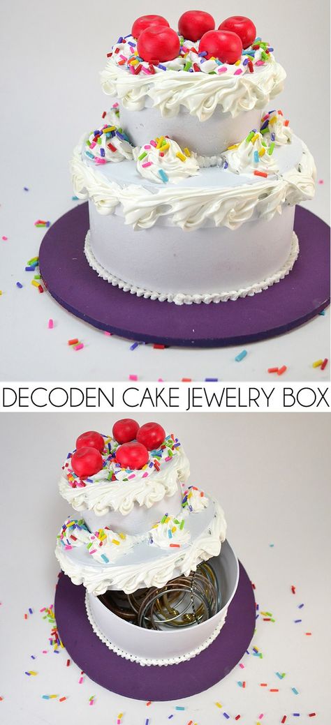 Silicone caulk decoden turns paper mache boxes into an awesome DIY fake cake jewelry box! Fake Cake Jewelry, Cake Jewelry Box, Cake Boxes Diy, Jewerly Box Diy, Cake Jewelry, Fake Food Props, Paper Mache Boxes, Silicone Caulk, Jewelry Box Diy