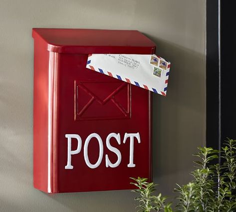 Red Post Mail Box | Pottery Barn Mailbox On House, Pottery Barn Christmas Decor, Red Mailbox, Vintage Mailbox, Pottery Barn Christmas, Red Cottage, Post Box, Indoor Christmas, Box Design