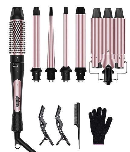 6 in 1 Curling Iron, 3 Barrel Curling Iron Set with Curling Brush (1.3inch) and 5 Interchangeable Ceramic Curling Wand(0.35"-1.25"), 2 Temp Heating Setting, Contain Comb & Protective Glove & 2 Clips Curling Iron For Beach Waves, 3 Barrel Curling Iron, Wand Curler, Curling Wand Set, Different Curls, Curling Brush, Barrel Curling Iron, Barrel Curls, Curling Wand