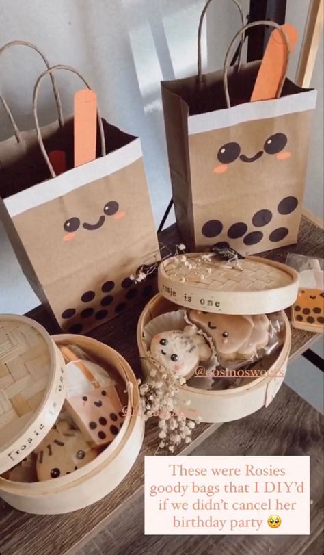 Kawaii Sushi Birthday Party Ideas, Boba First Birthday, Dumpling And Boba Party, Boba 1st Birthday, Boba Gift Basket, Bubble Tea Gift Ideas, Boba Tea Party Invitation, Boba Tea Party Favors, Boba Tea Decor