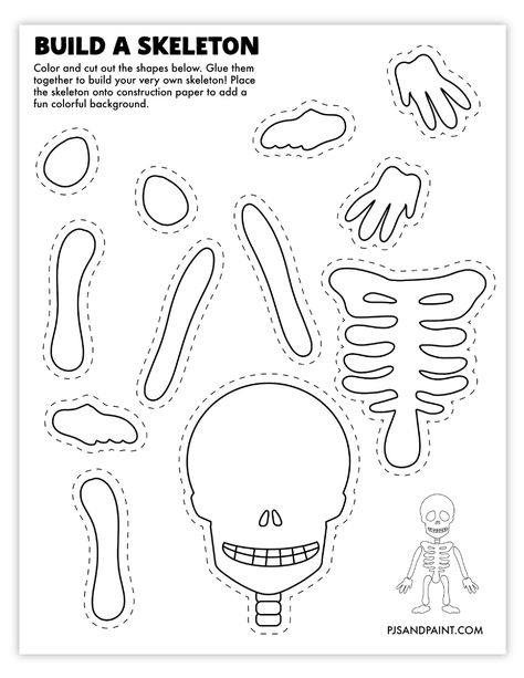 build a skeleton craft Body Projects For Preschoolers, Halloween Arts And Crafts Kindergarten, Skeleton Learning Activities, Skeleton Preschool Crafts, Build A Frankenstein Printable, Kids Skeleton Craft, Halloween Daycare Activities, Halloween 1st Grade Crafts, Build A Skeleton Printable