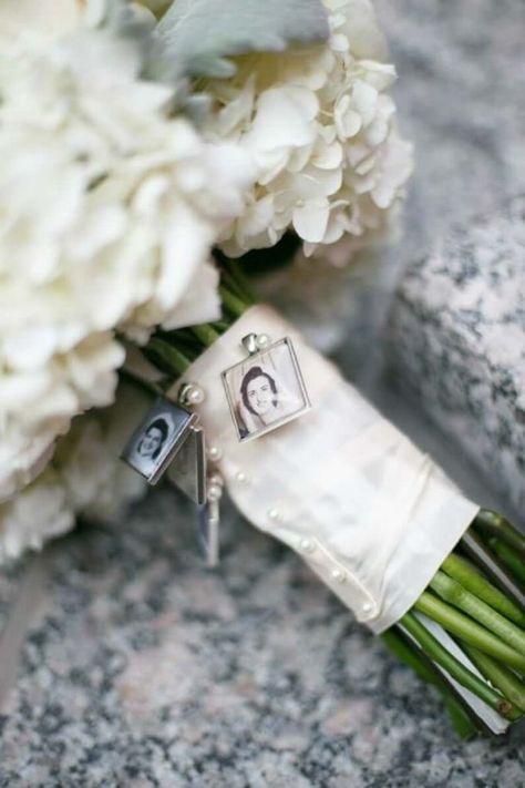 3 Most Creative Wedding Bouquet Accessories to Use | Emmaline Bride Mother Of Bride Corsage, Dad Pictures, Wedding Bouquet Charms, Big Sur Wedding, Wedding Charm, Square Photo, Memorial Pendant, Bouquet Charms, Groom Boutonniere